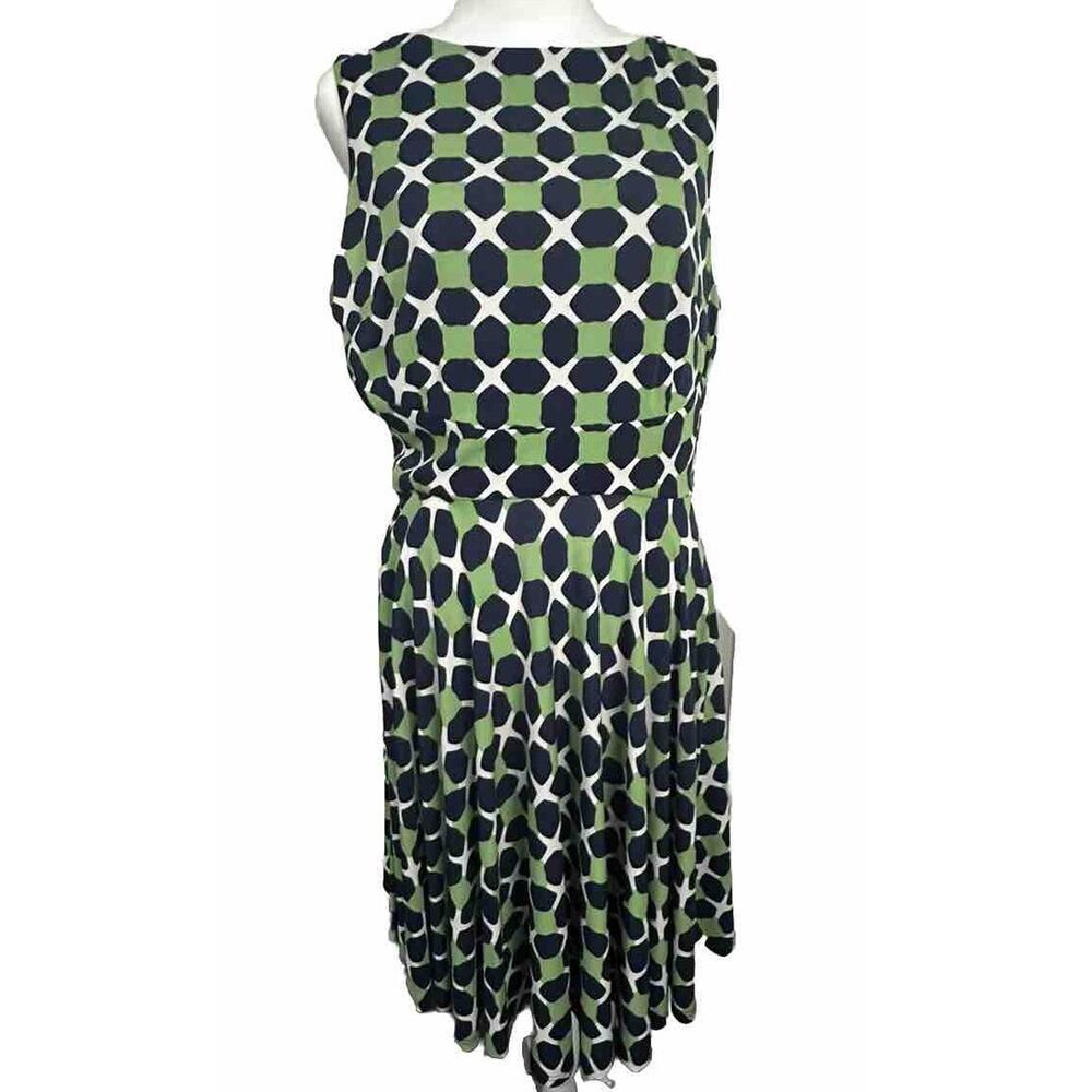 Donna Morgan Dress Jersey Geo Print Sleeveless Fit-&-Flare Navy Green White 10